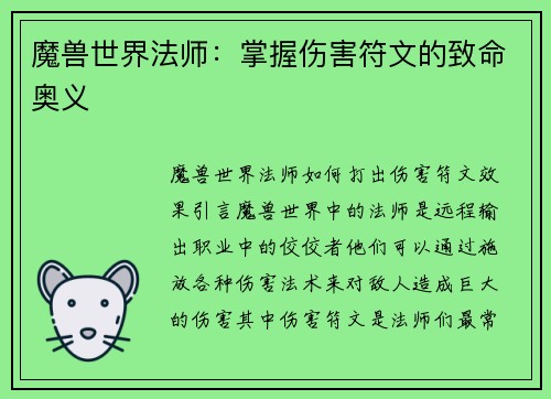 魔兽世界法师：掌握伤害符文的致命奥义