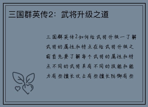 三国群英传2：武将升级之道
